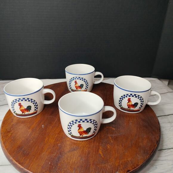Century Stoneware Remy Rooster‎ Pattern 2 1/2" Vintage Flat Tea Cups Set of 4 - Picture 2 of 9